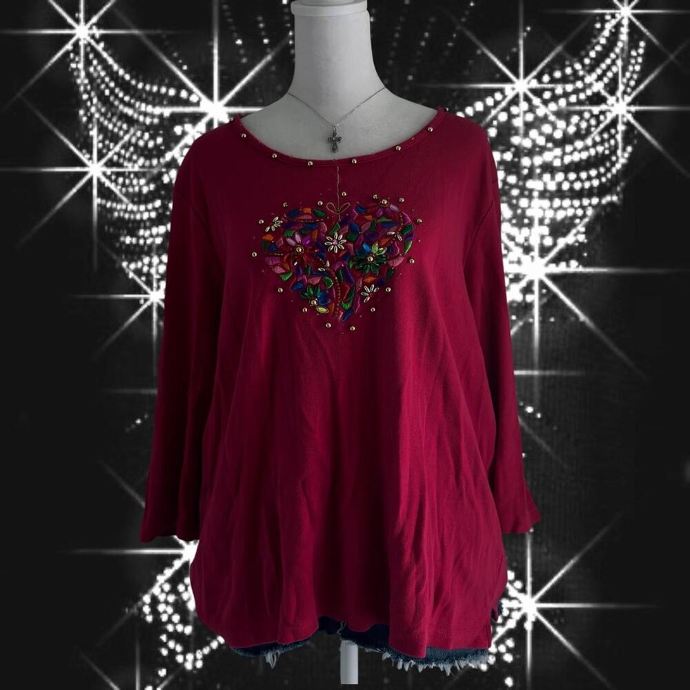 luxe embroidery with gem and gold-tone ball studded neck red top
